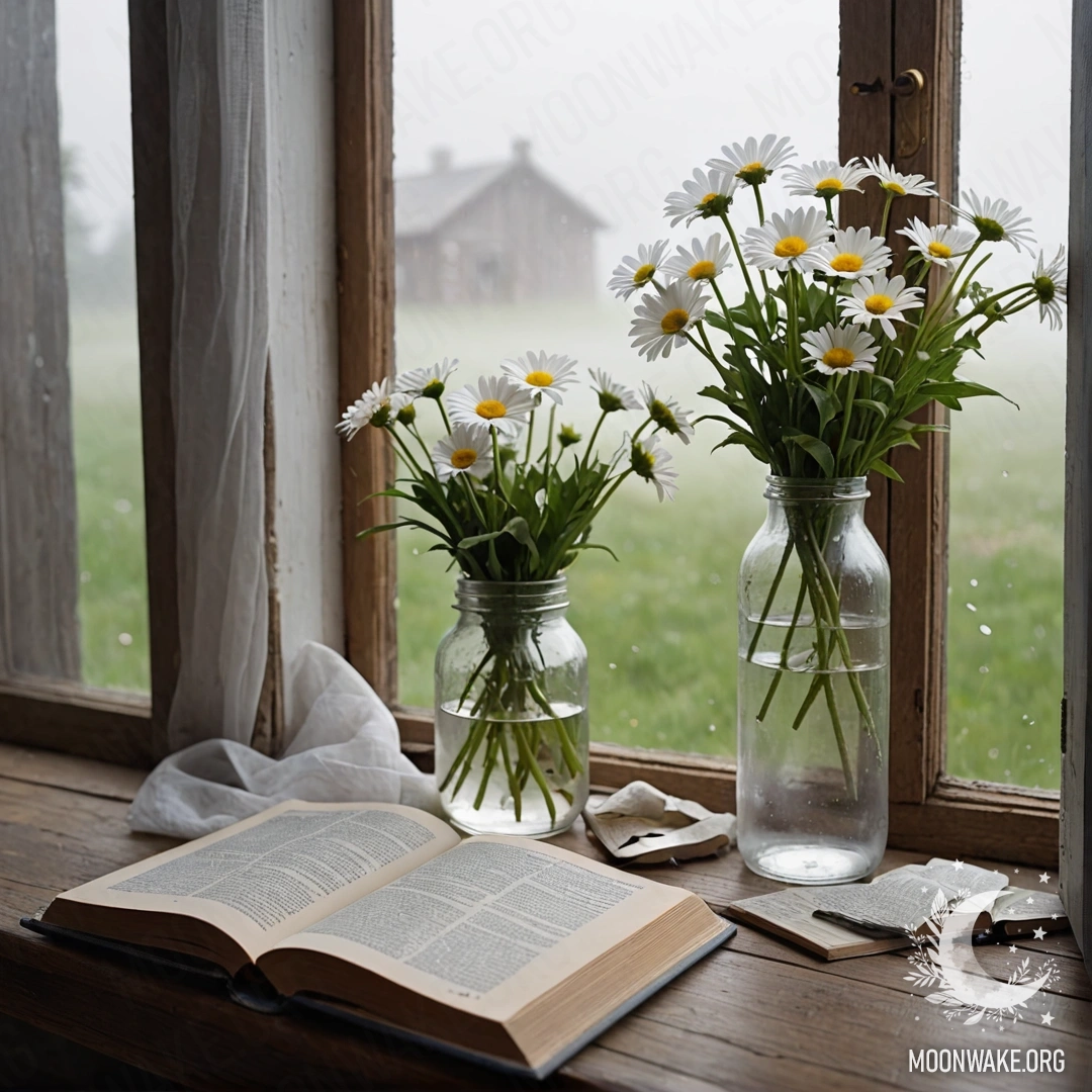 A shabby wooden windowsill with a jar of daisies and an open book shrouded in heavy fog.