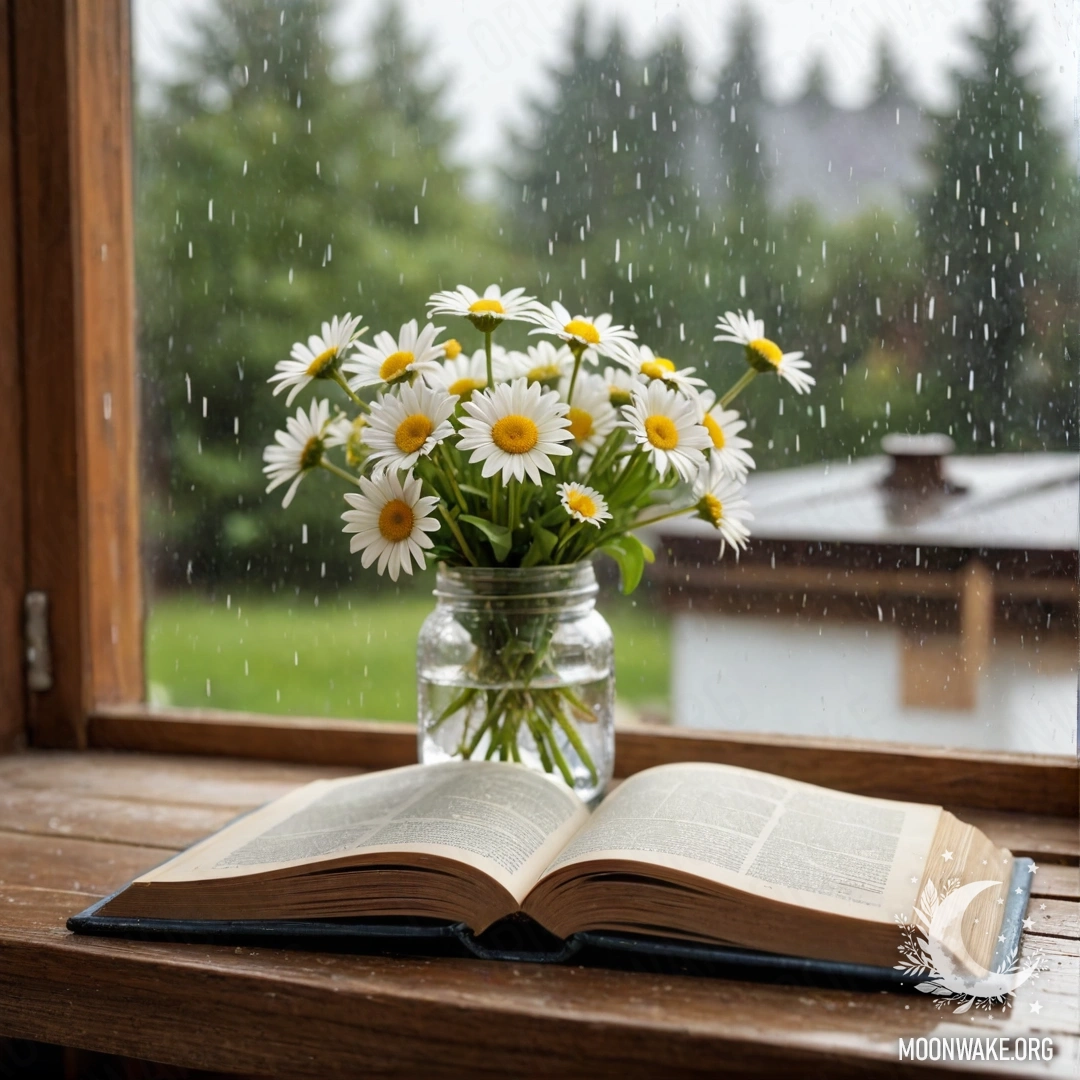 A bouquet of daisies in a jar on a shabby wooden windowsill next to an open book with raindrops on it.