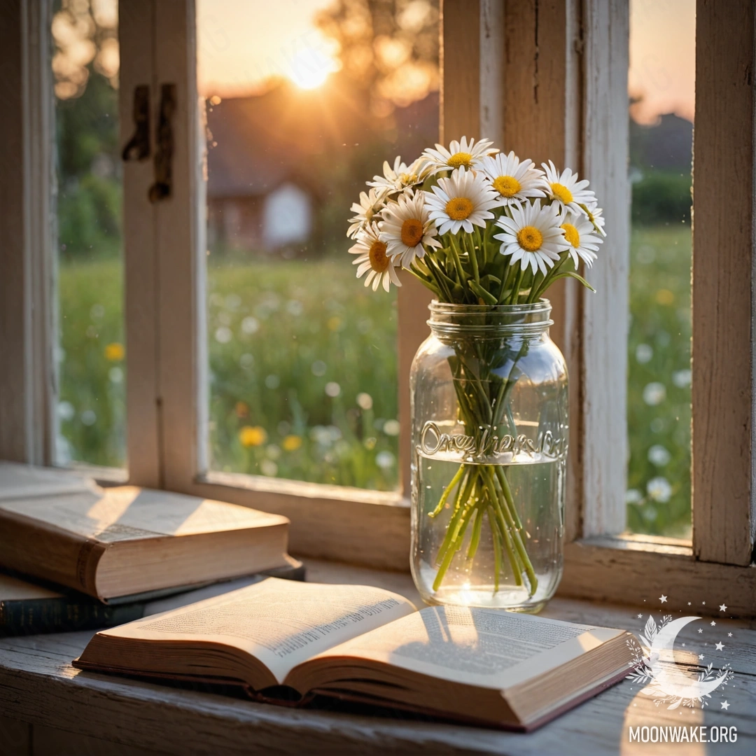 A shabby wooden windowsill adorned with a jar of daisies and an open book.