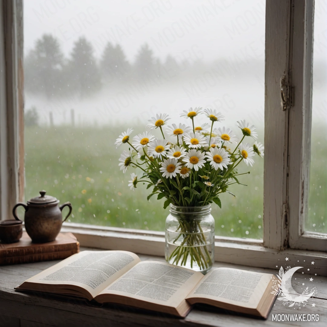 Bouquet of Daisies on a Shabby Windowsill A shabby wooden windowsill with a jar of daisies and an open book in dense fog.