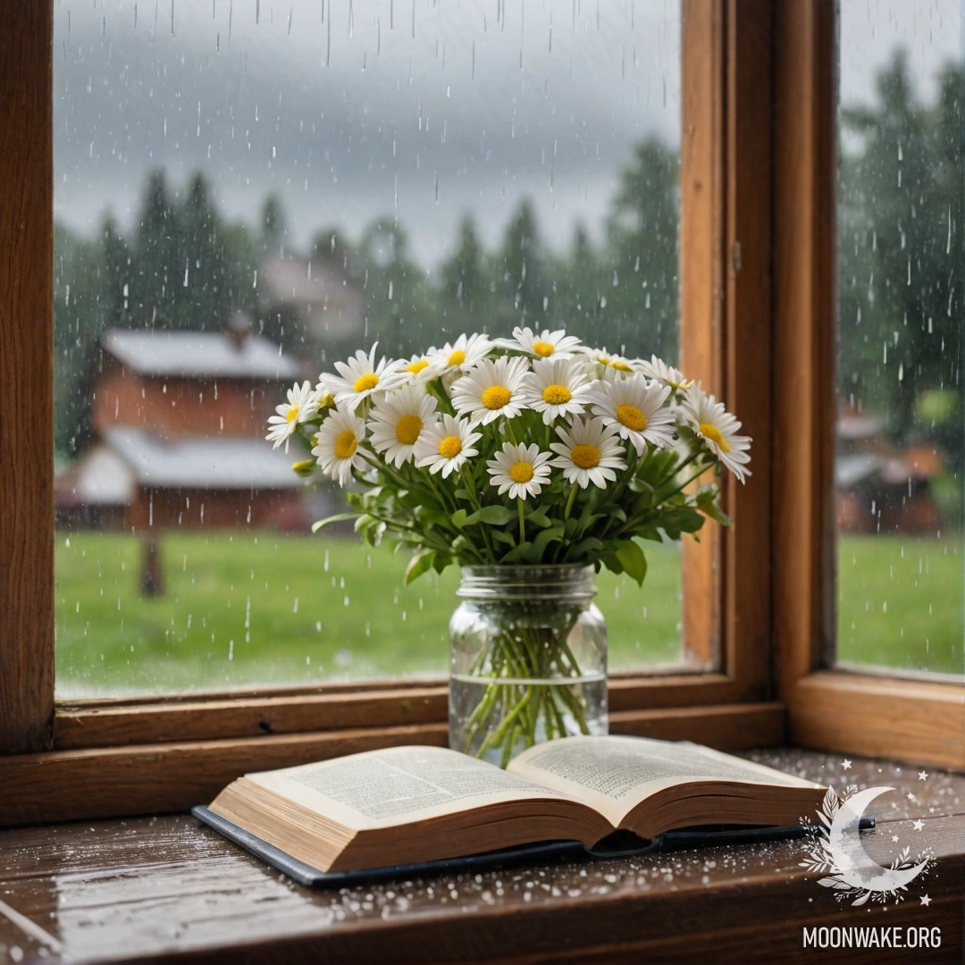 A shabby wooden windowsill with a jar of daisies and an open book, rain falling around.