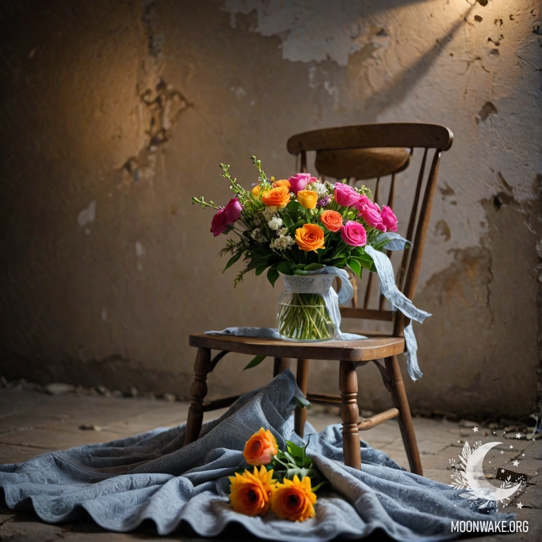 A single chair against a shabby wall, adorned with a blanket and a bouquet of flowers, captured at night.