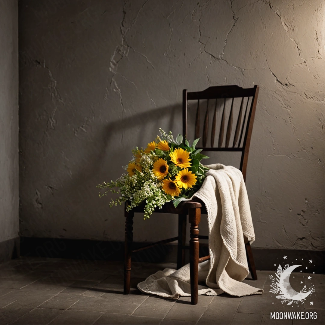 A cozy chair adorned with a blanket and a bouquet of flowers against a shabby wall at night.
