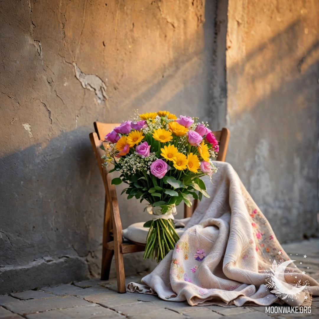 A chair with a blanket and a bouquet of flowers on it against a shabby wall during sunset.