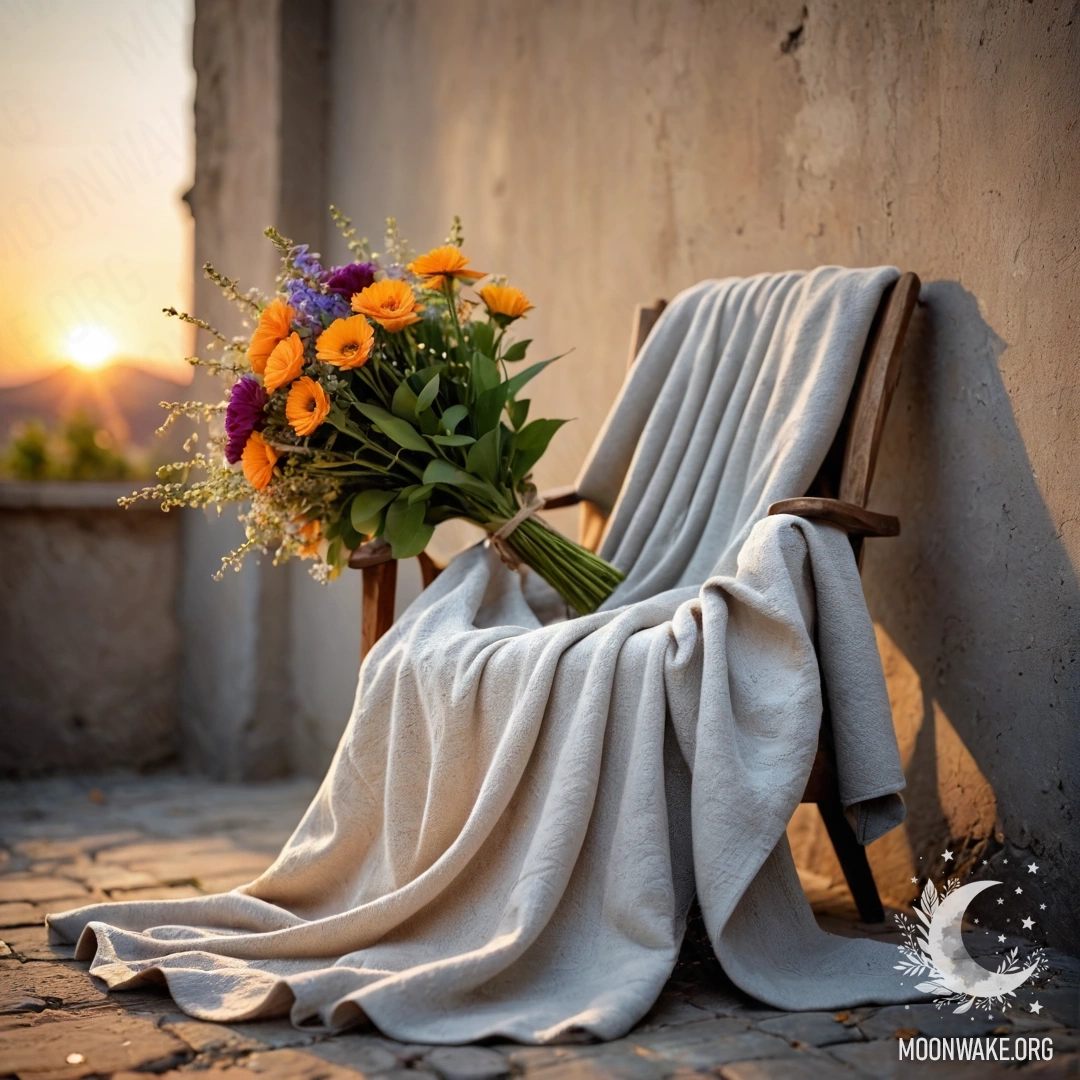 A cozy chair with a blanket and a bouquet of flowers rests on a shabby wall against a backdrop of a sunset.