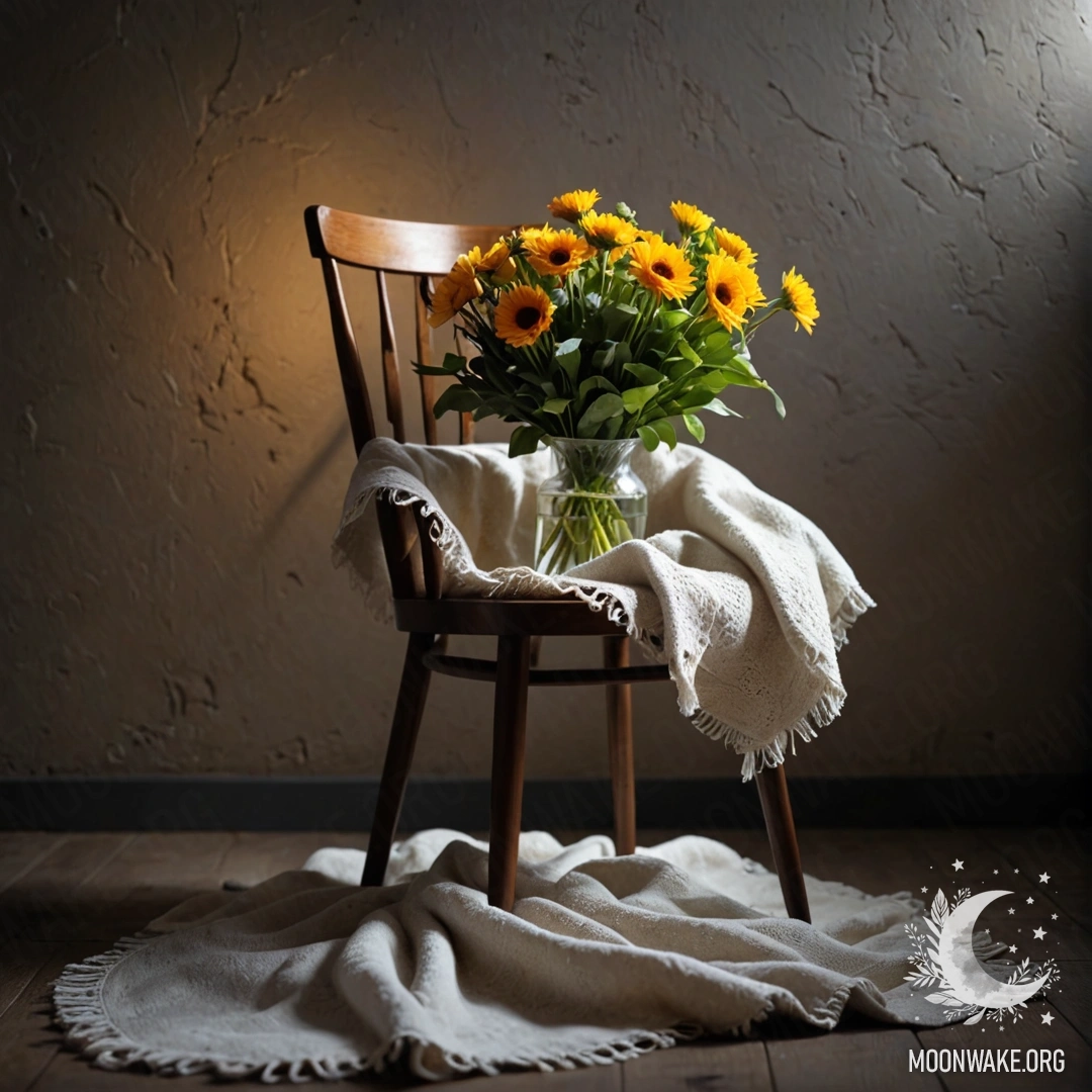 Bouquet on a Chair Against a Shabby Wall at Night A chair with a blanket and a bouquet of flowers against a shabby wall at night.