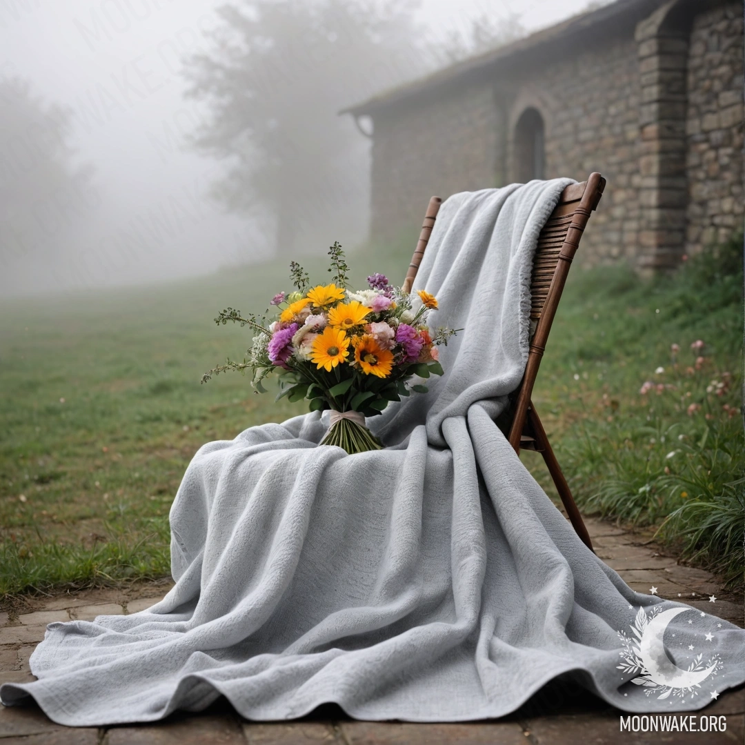 Bouquet on a Chair with a Misty Background A chair against a shabby wall, a blanket resting on it, with a bouquet of flowers atop the blanket, surrounded by dense fog.