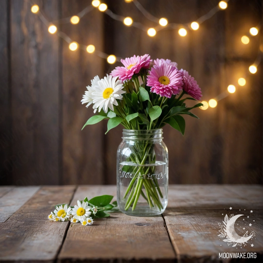 A rustic wooden table adorned with a jar of flowers and a bokeh background.