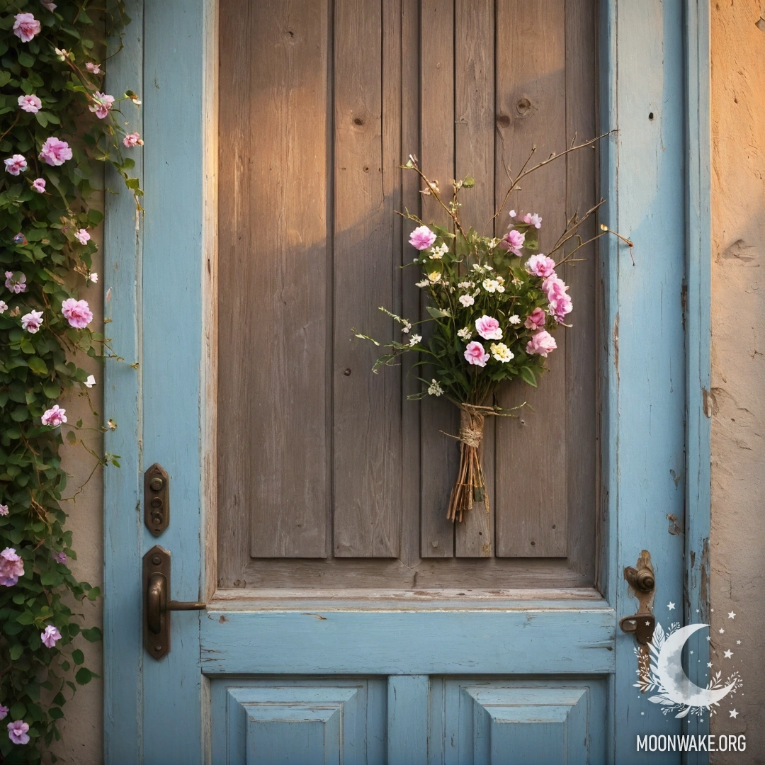 A shabby wooden table with a jar holding a bouquet of flowers, adorned with a soft bokeh of lights in the background.