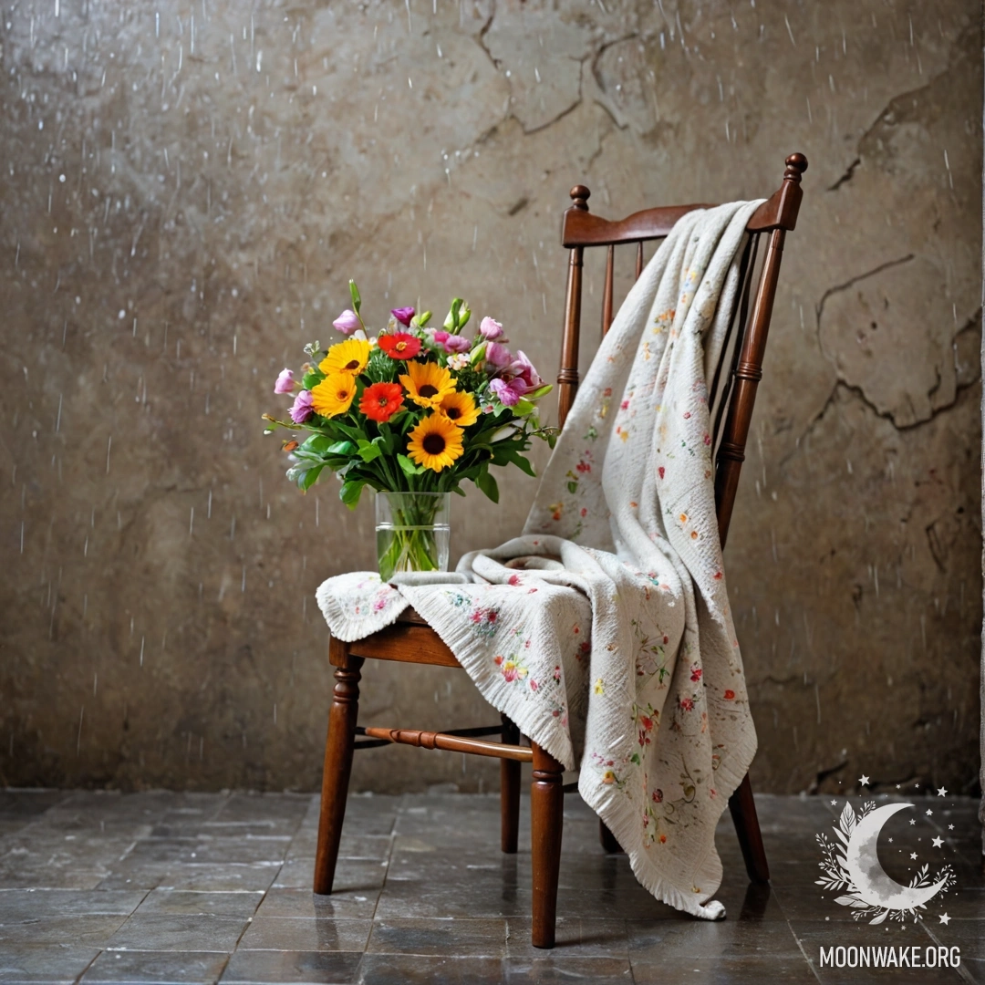 A cozy chair with a blanket and a bouquet of flowers on it, set against a shabby wall, with rain falling in the background.