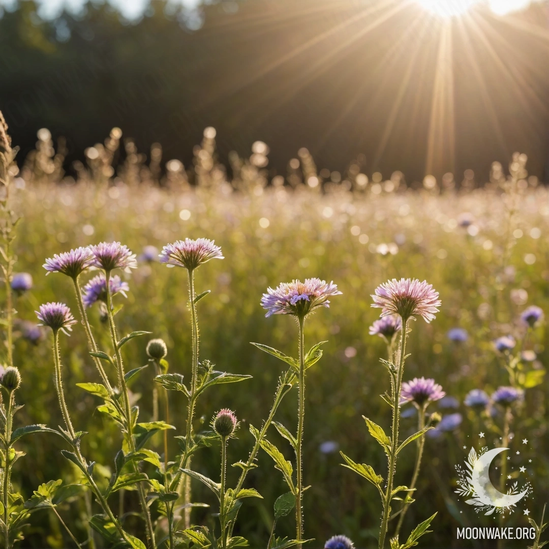 Breathtaking Close-Up of Field Flowers A close-up view of vibrant field flowers against a bokeh sky filled with sun rays.