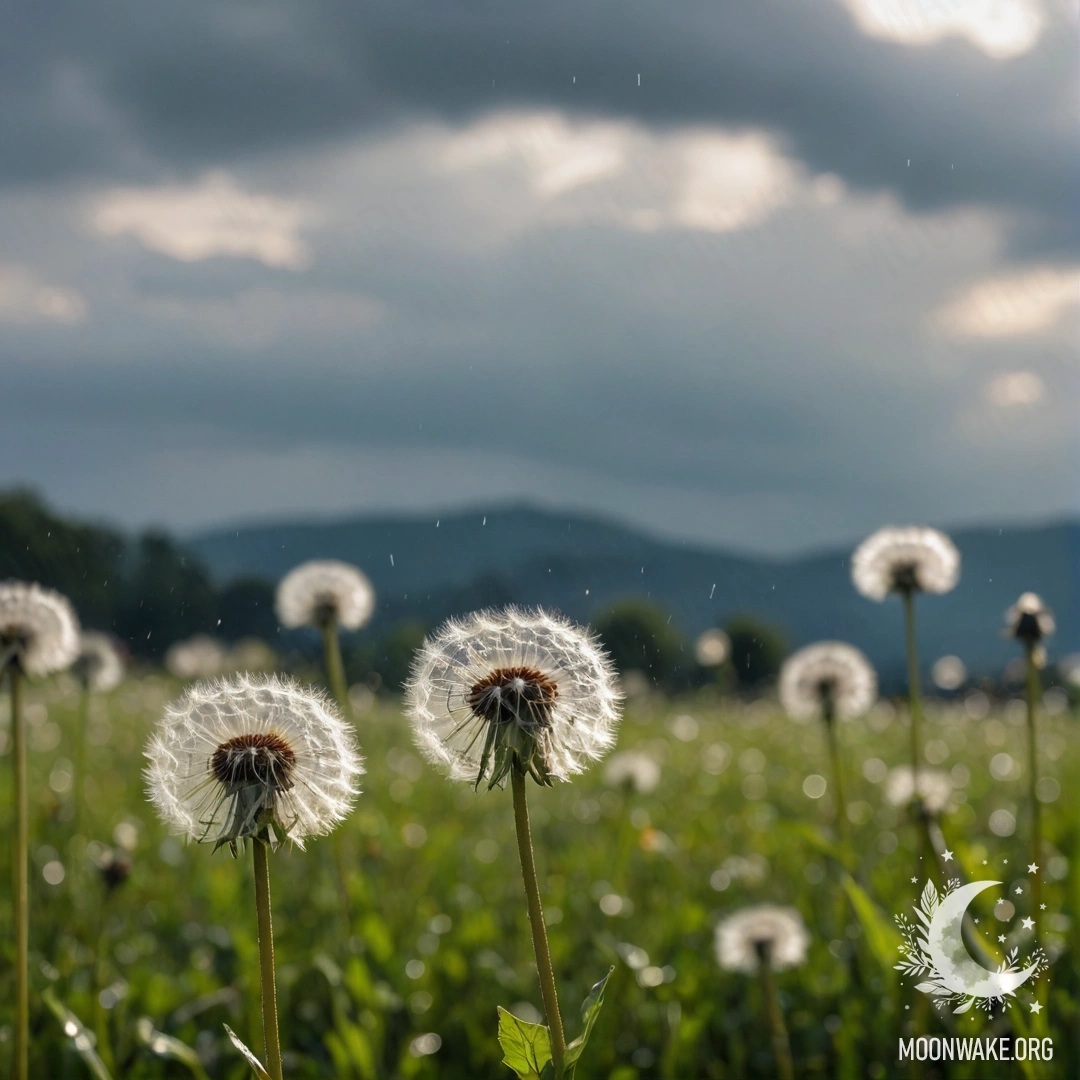 Breathtaking Dandelion Field Under Rainy Sky A close-up of dandelions in a minimalist field with a bokeh sky featuring clouds and rain.