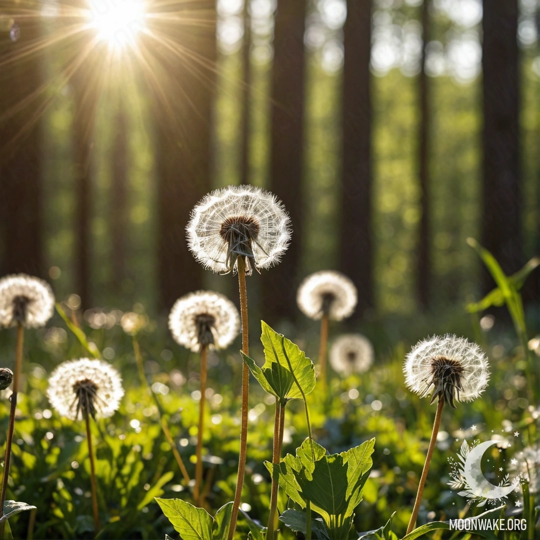 Breathtaking Dandelion Field Close-up of dandelions in a beautiful field with a blurred forest in the background.