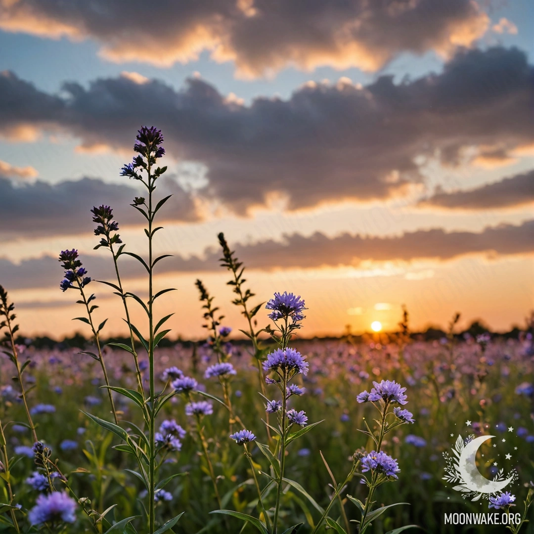 A close-up view of vibrant flowers against a bokeh sky with clouds during sunset.
