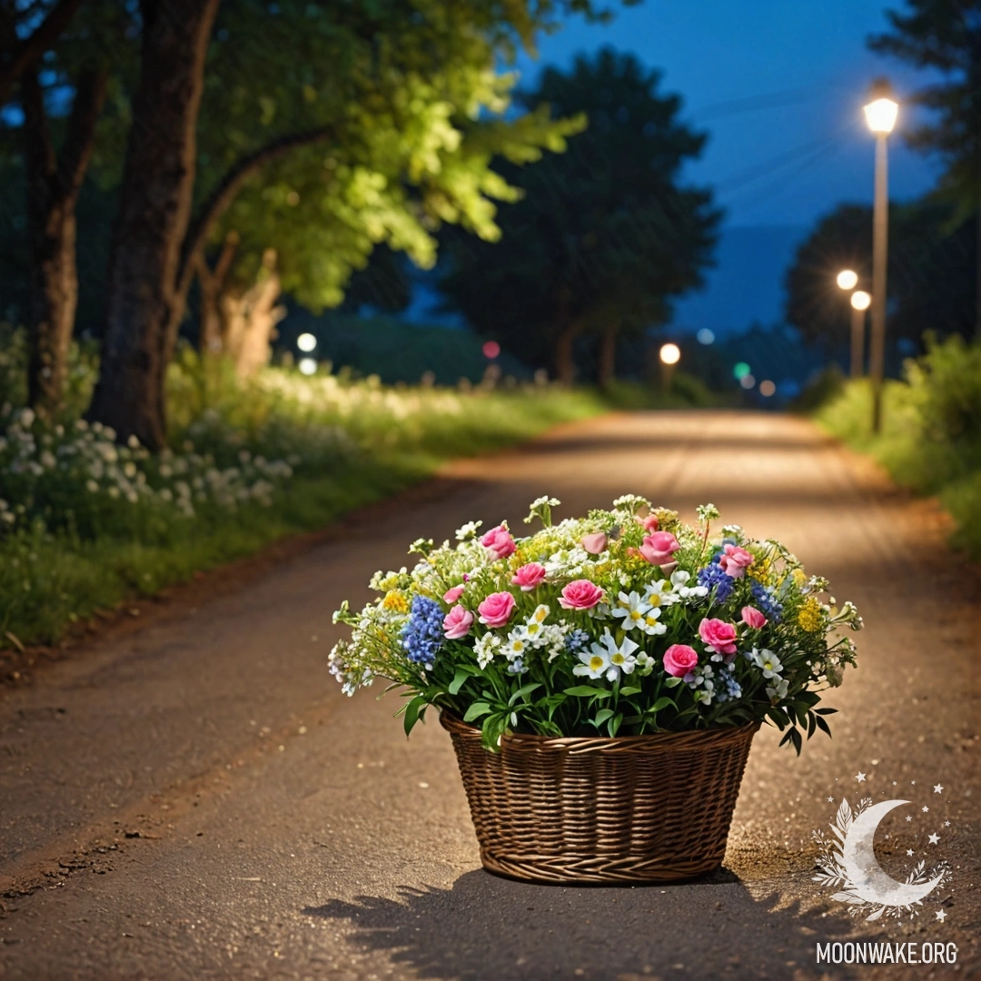 A tranquil dirt road featuring a basket of flowers, surrounded by trees at night.