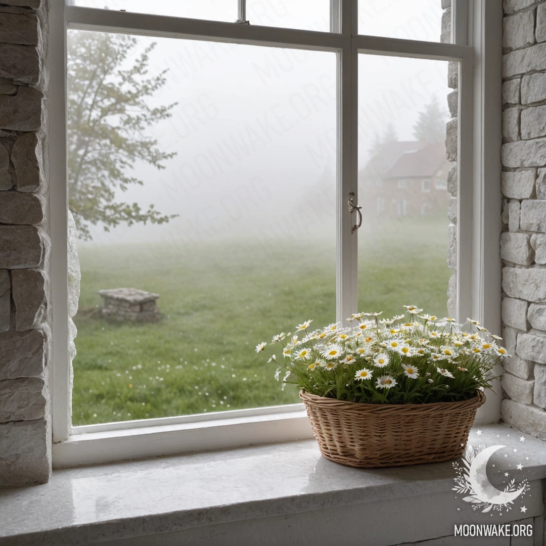 A peaceful white stone wall with an open window, revealing a basket of daisies on the windowsill surrounded by dense fog.