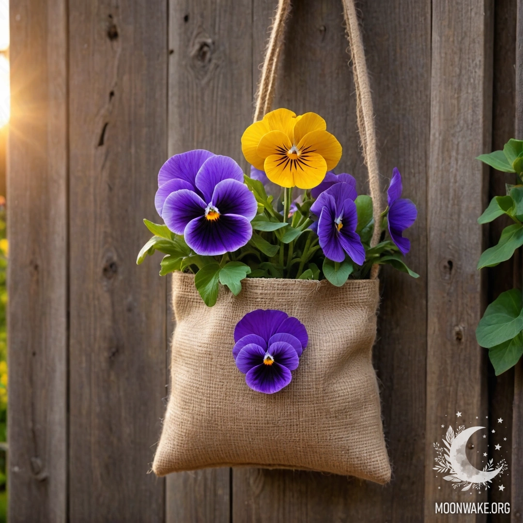 A burlap bag containing pansies hanging on a shabby wooden wall.