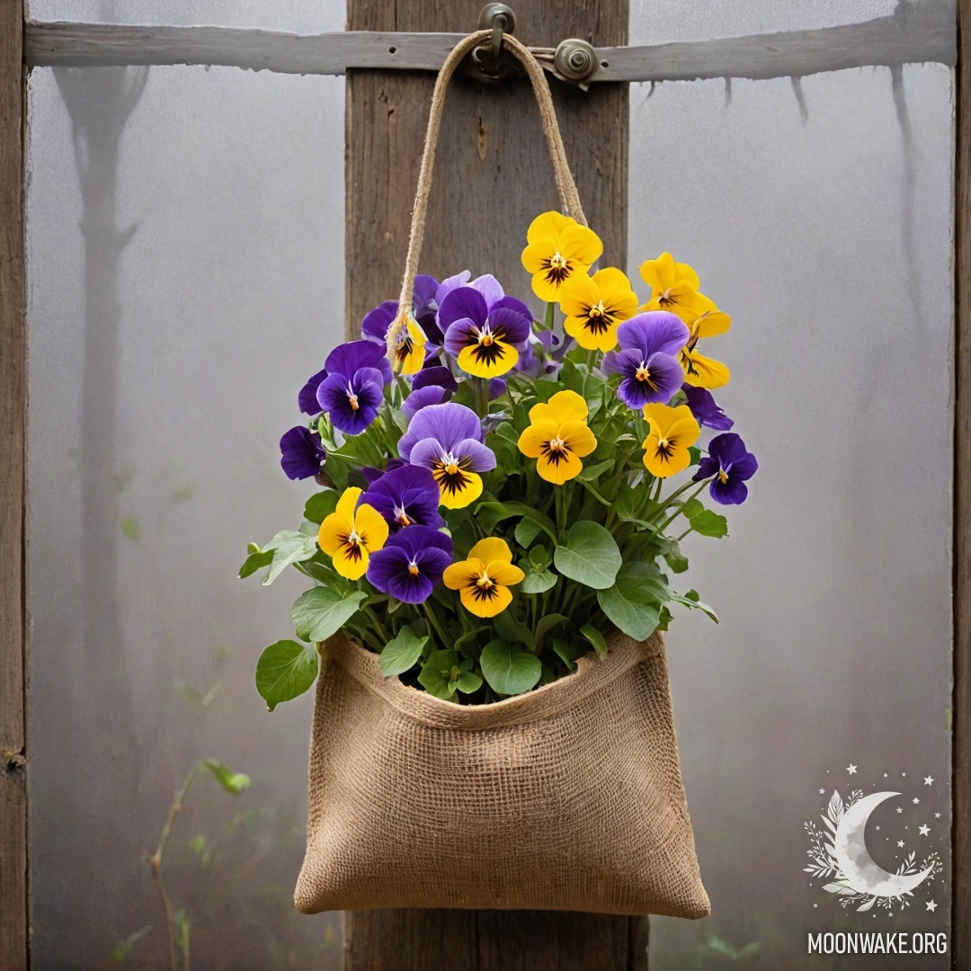 A small burlap bag filled with pansies hanging on a shabby wooden wall in heavy fog.