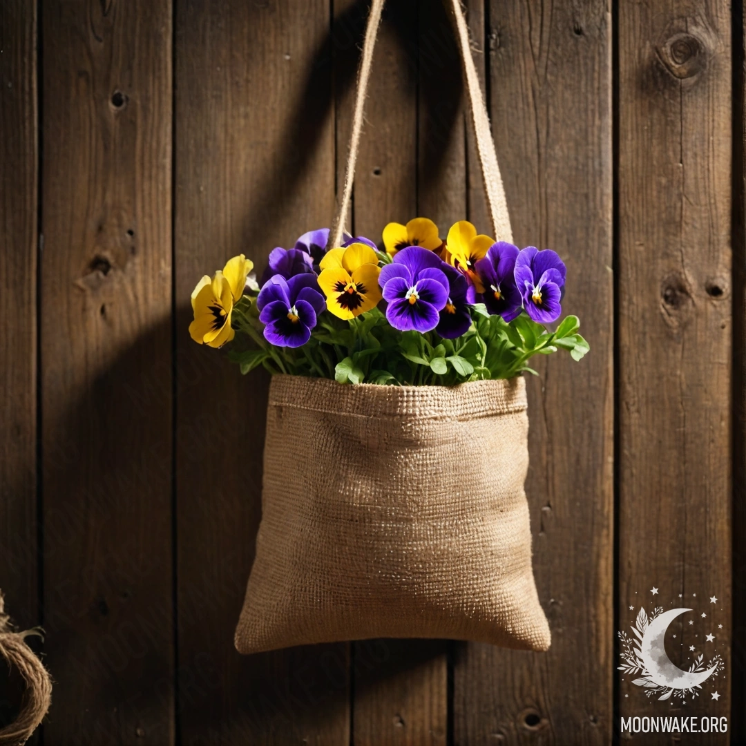 A small burlap bag filled with pansies hanging on a shabby wooden wall at night.