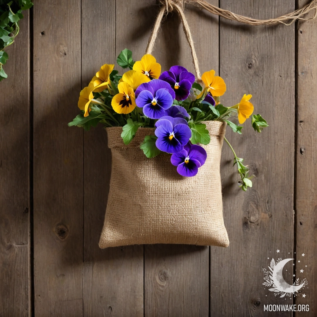 A small burlap bag filled with pansies, hanging on a shabby wooden wall adorned with garland lights.