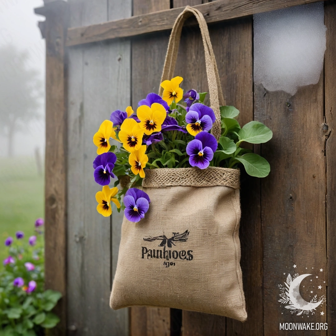 A small burlap bag filled with pansies hanging on a shabby wall shrouded in dense fog.