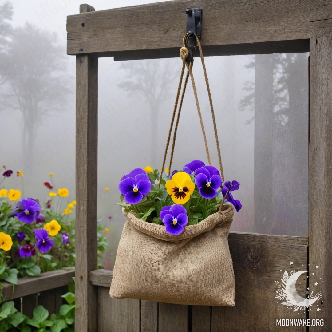 A small burlap bag hanging on a shabby wooden wall, filled with pansies, shrouded in dense mist.