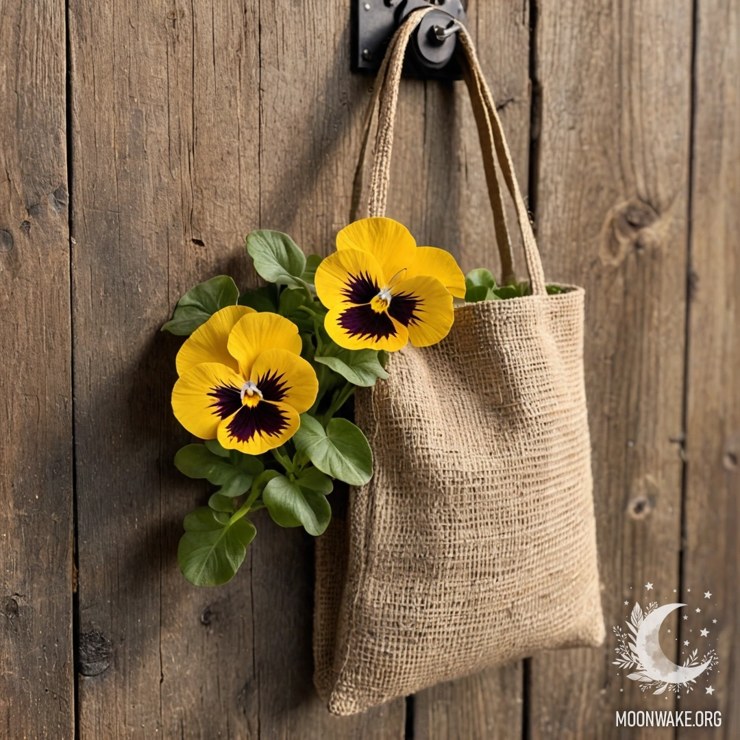 A small burlap bag hanging on a shabby wooden wall, filled with pansies at sunset.