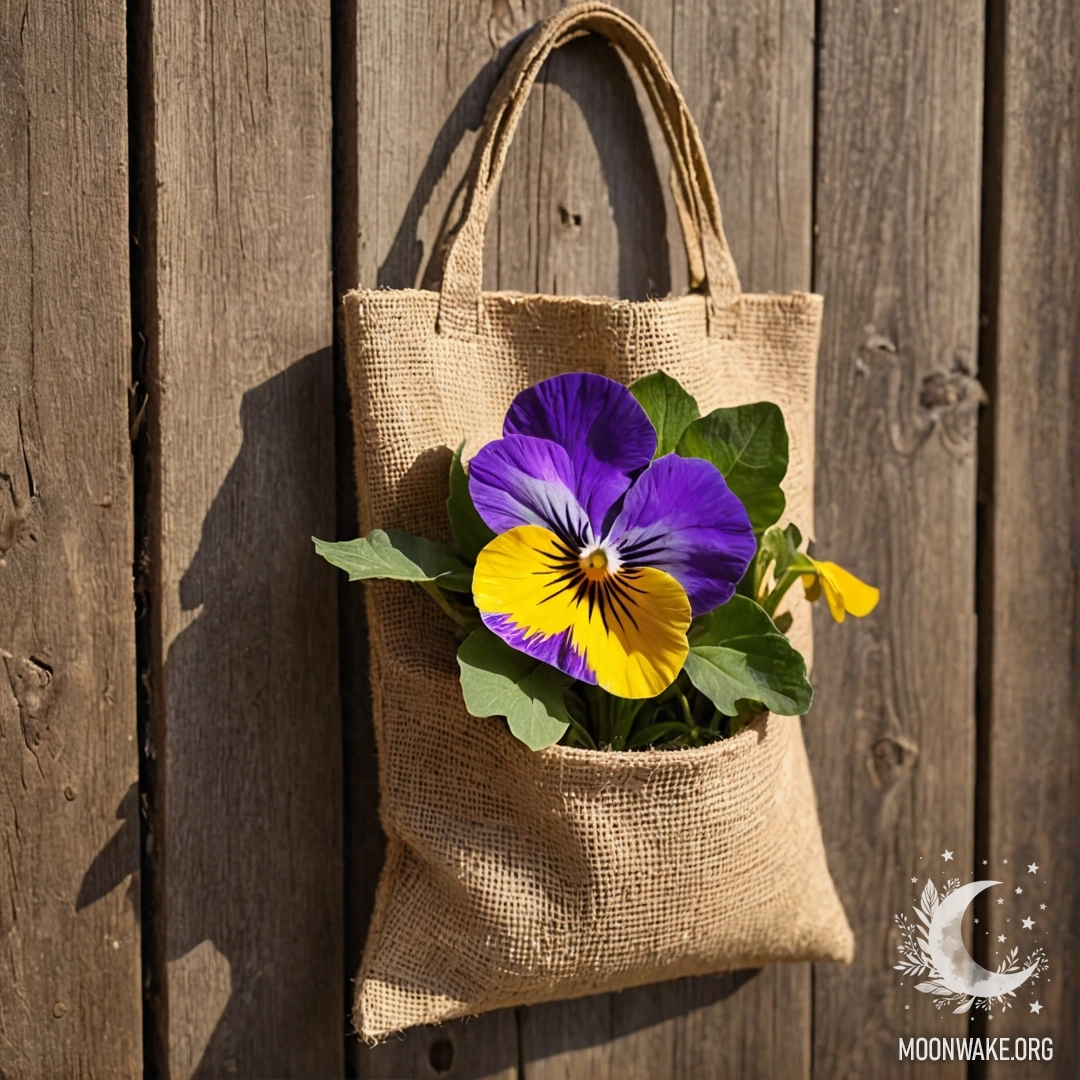 A small burlap bag containing pansies hangs on a shabby wooden wall at sunset.
