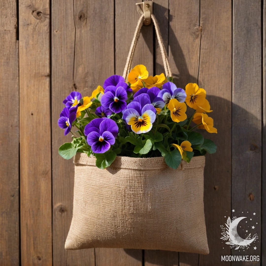 A burlap bag hangs on a shabby wooden wall, filled with pansies bathed in sunset colors.