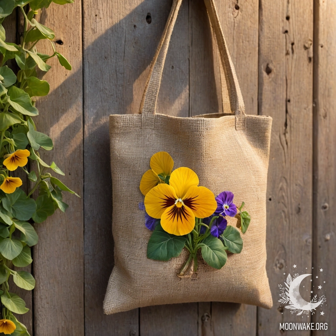 Burlap Bag of Pansies on a Wooden Wall A small burlap bag hanging on a shabby wooden wall containing pansies.