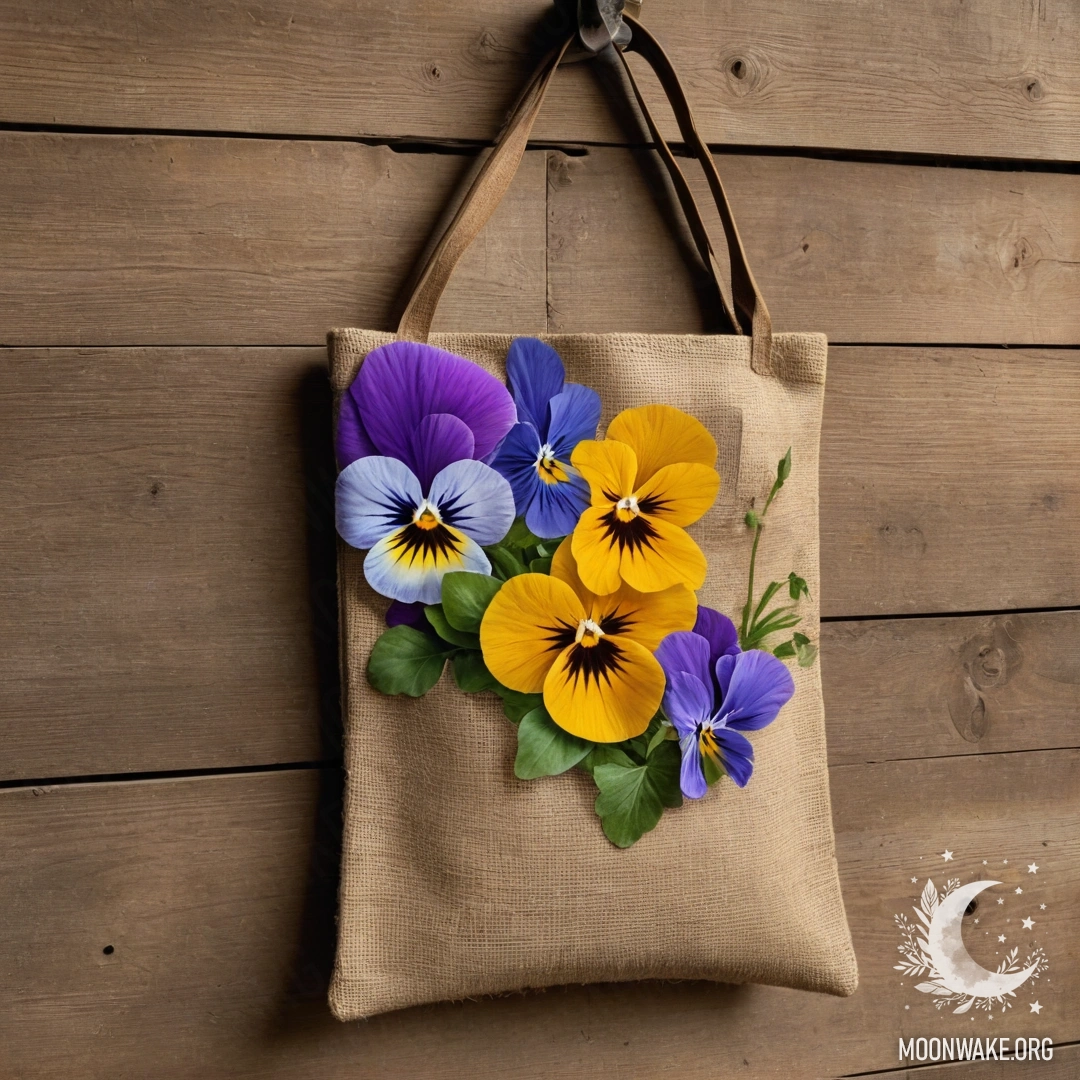 A small burlap bag filled with pansies hung on a shabby wooden wall during sunset.