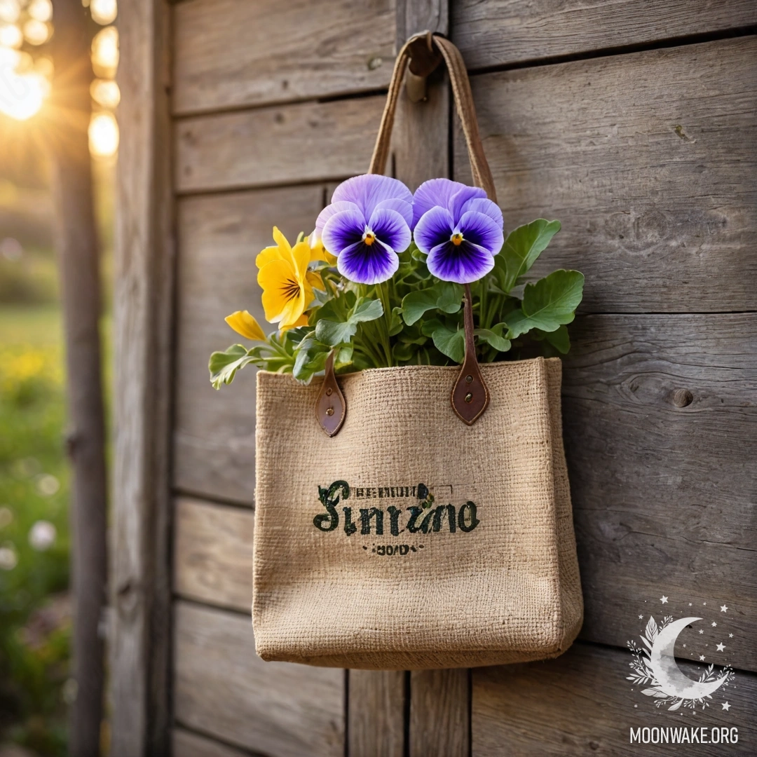 A small burlap bag hangs on a shabby wooden wall, filled with pansies under a sunset.