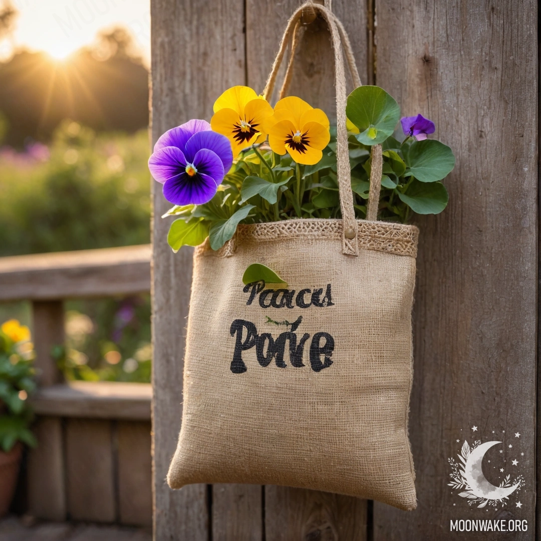 A small burlap bag filled with pansies hangs on a shabby wooden wall at sunset.