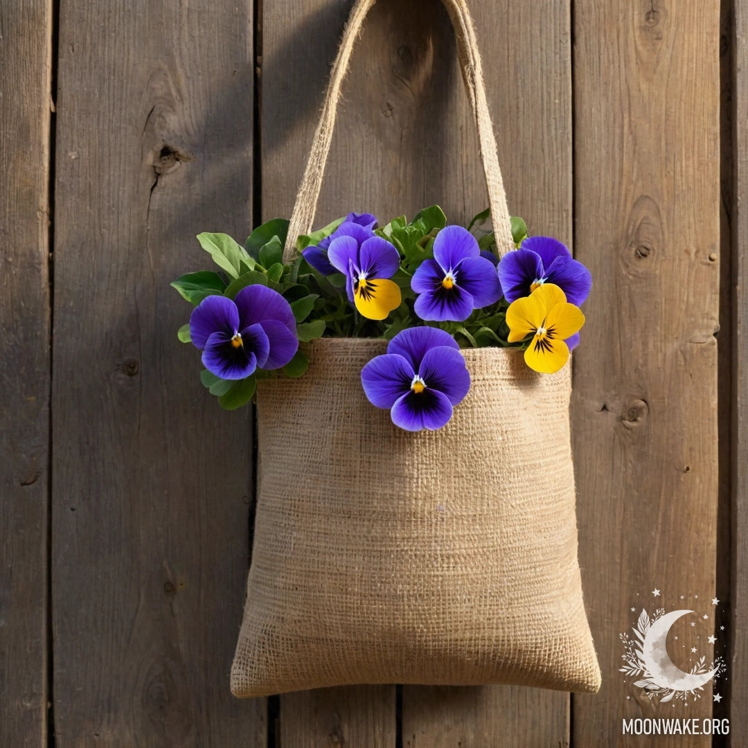 A small burlap bag filled with pansies hangs on a shabby wooden wall.