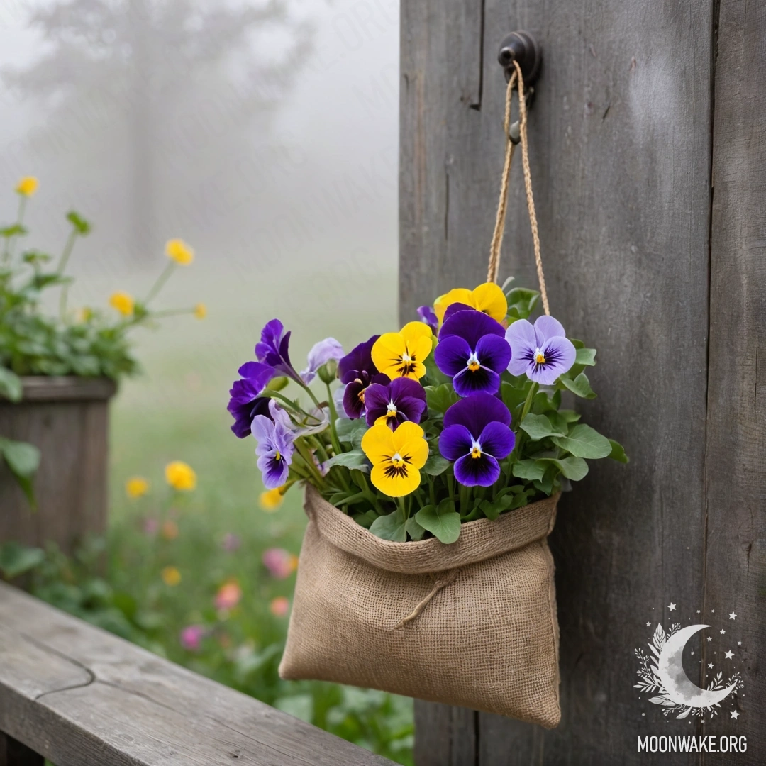 A small burlap bag filled with pansies hanging on a shabby wooden wall shrouded in dense fog.