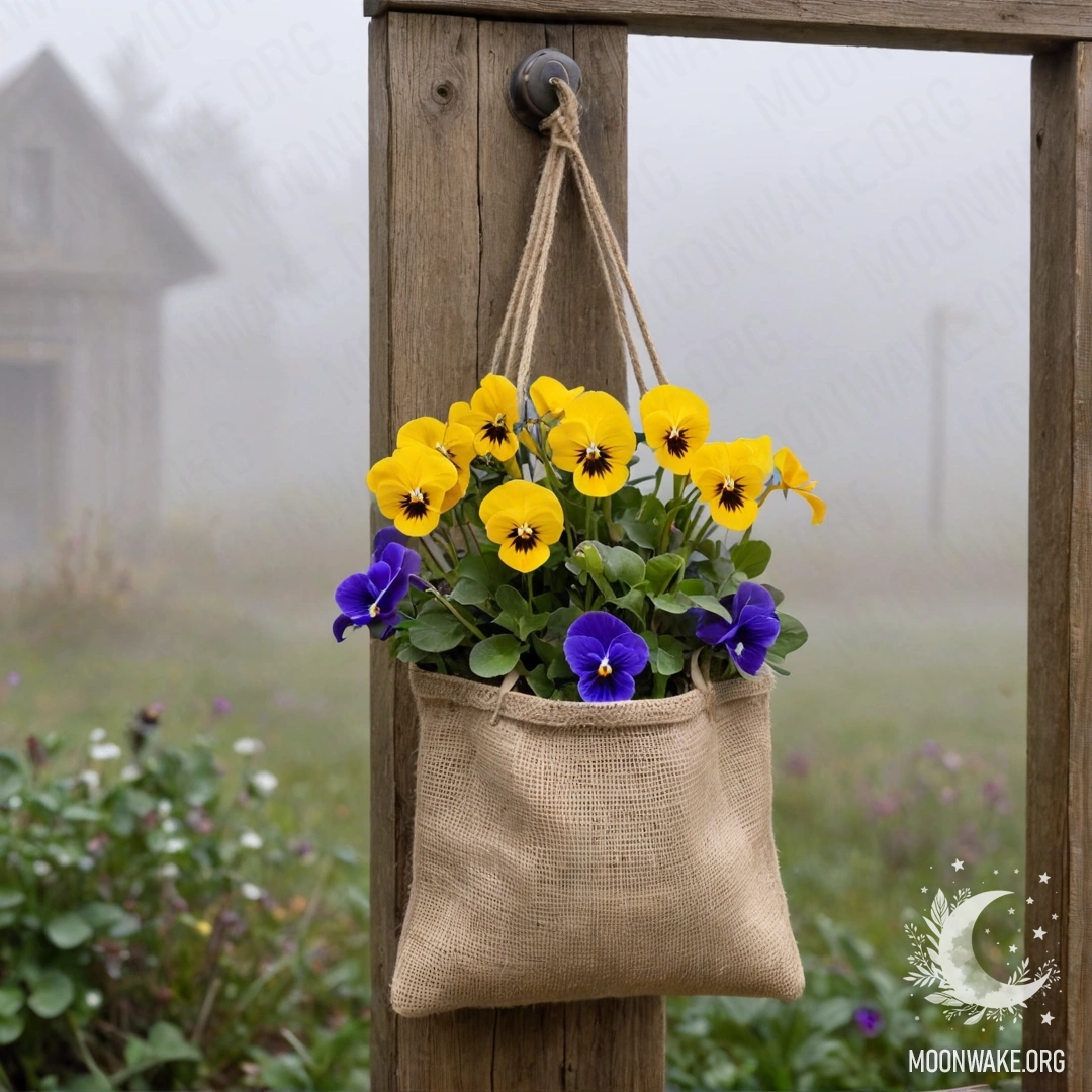A small burlap bag hanging on a weathered wooden wall, filled with pansies in dense mist.
