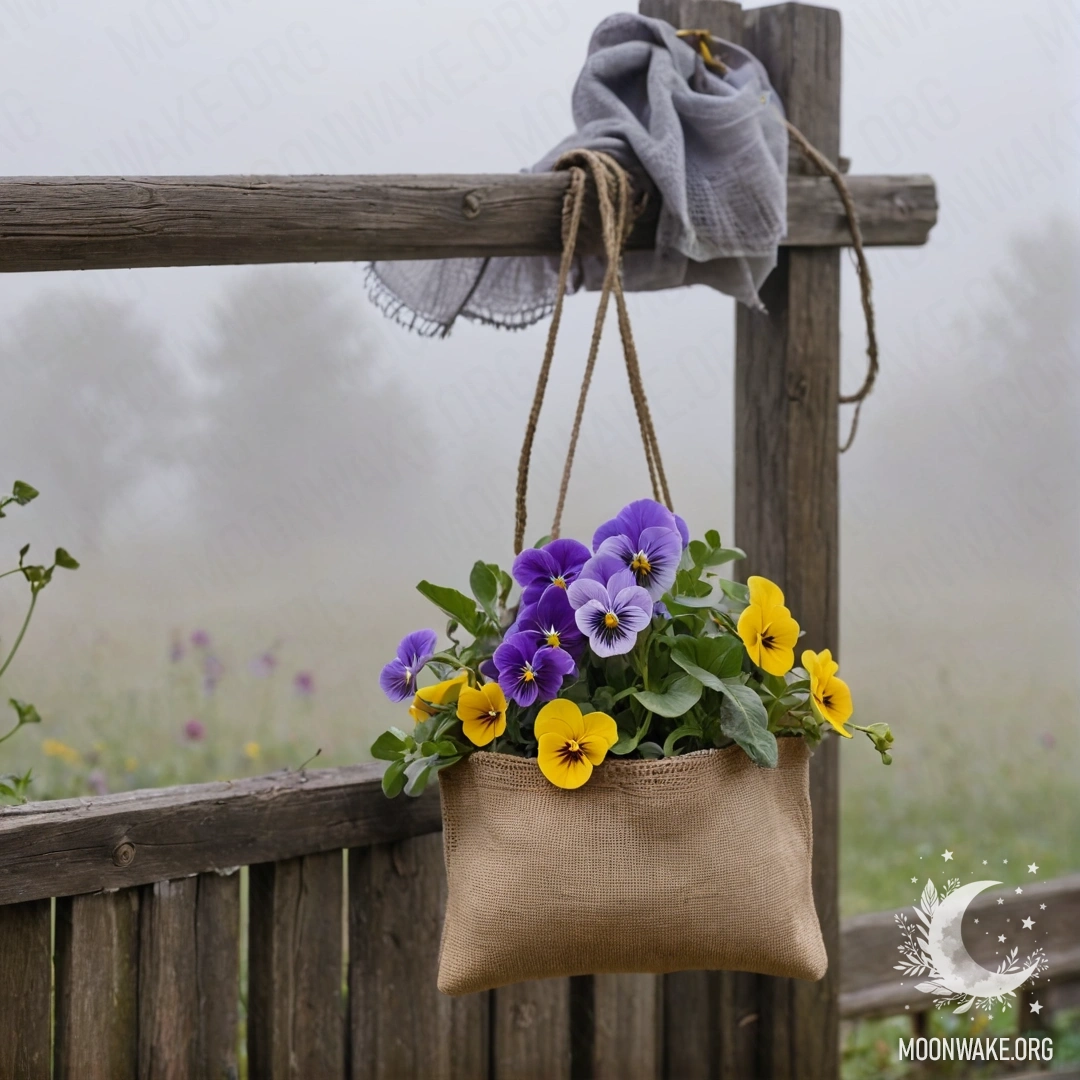 A small burlap bag containing pansies, hanging on a shabby wooden wall in dense fog.
