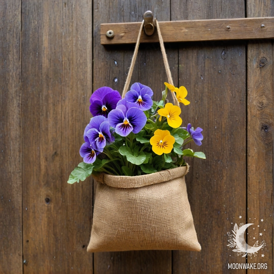 A small burlap bag filled with pansies hanging on a shabby wooden wall under the rain.