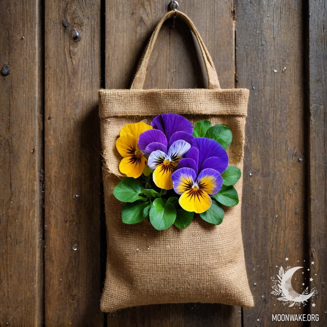 A small burlap bag containing pansies hangs on a shabby wooden wall under rain.