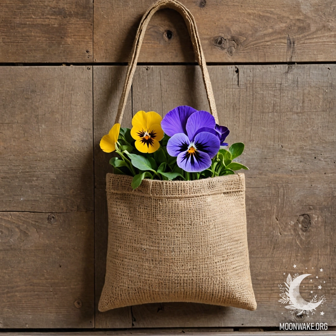 A small burlap bag with pansies hanging on a shabby wooden wall.