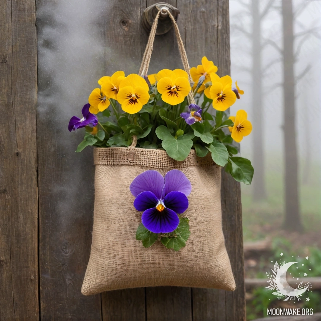 A small burlap bag hanging on a shabby wooden wall, filled with pansies in dense mist.