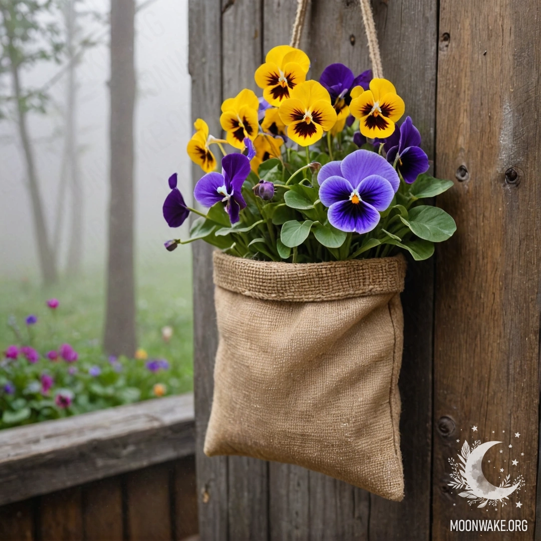 Burlap Bag with Pansies on a Wooden Wall A small burlap bag filled with pansies hanging on a shabby wooden wall in dense fog.