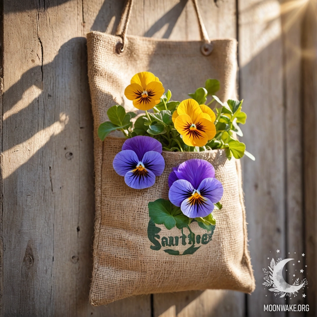 A small burlap bag hanging on a shabby wooden wall, filled with pansies.