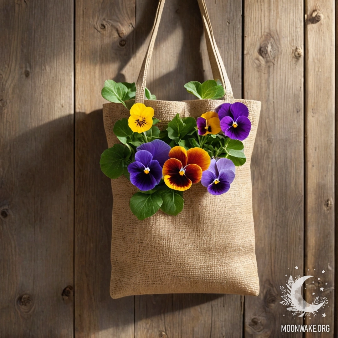 A burlap bag filled with pansies hanging on a weathered wooden wall.