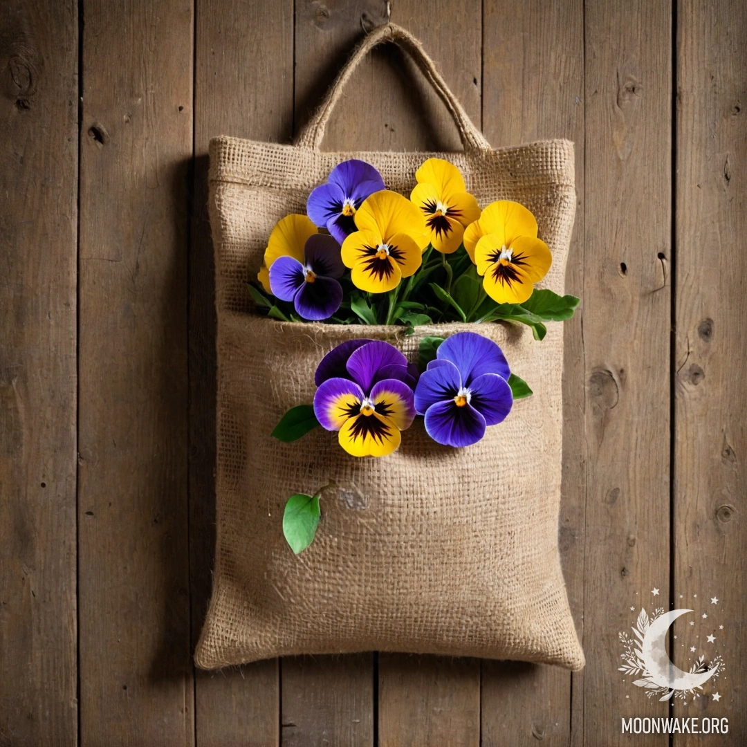 A small burlap bag hanging on a shabby wooden wall, filled with pansies.