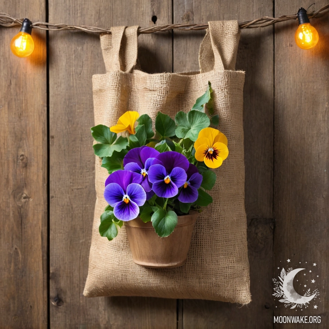 A small burlap bag filled with pansies hangs on a shabby wooden wall, illuminated by garland lights.