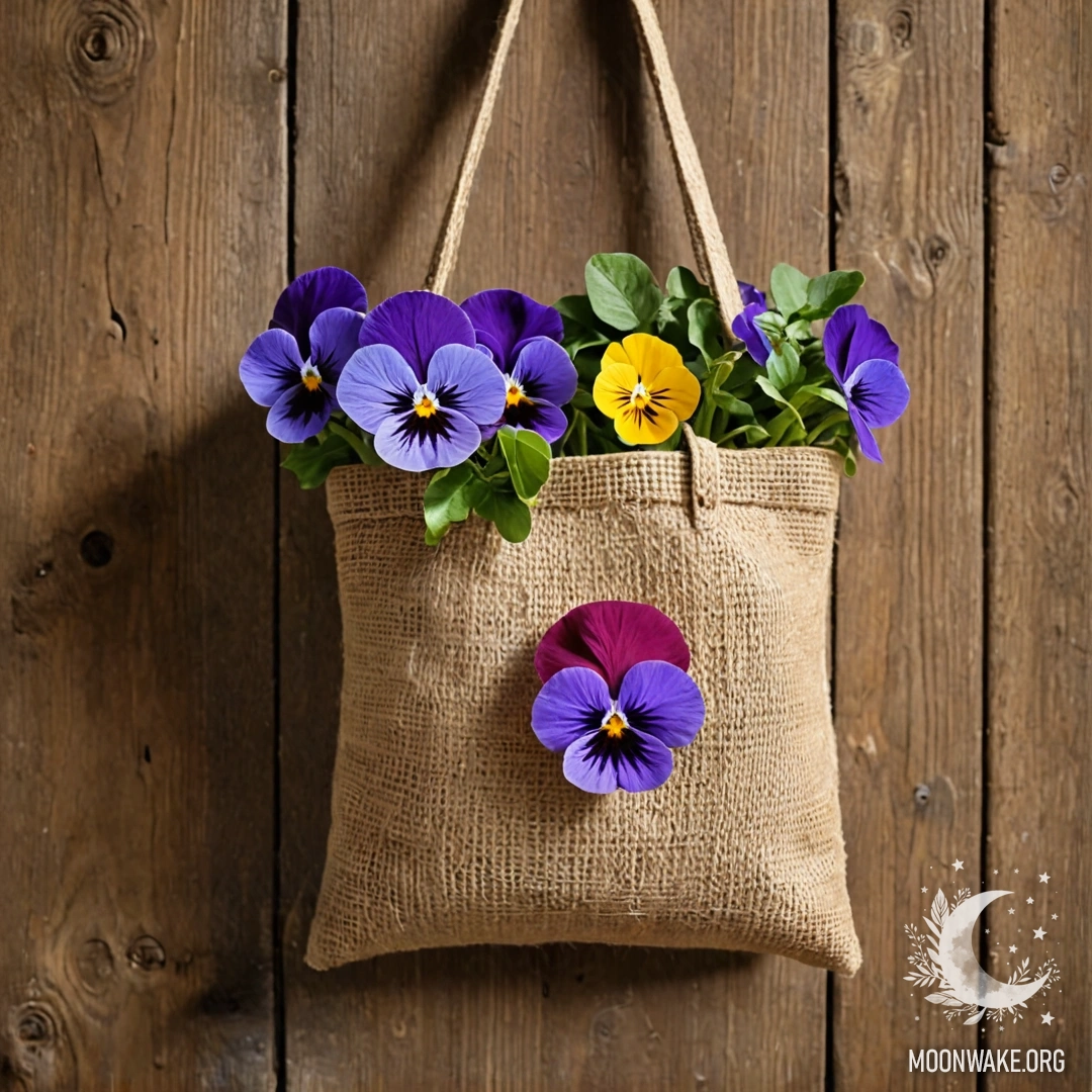 Burlap Bag with Pansies A small burlap bag hangs on a shabby wooden wall, filled with pansies.