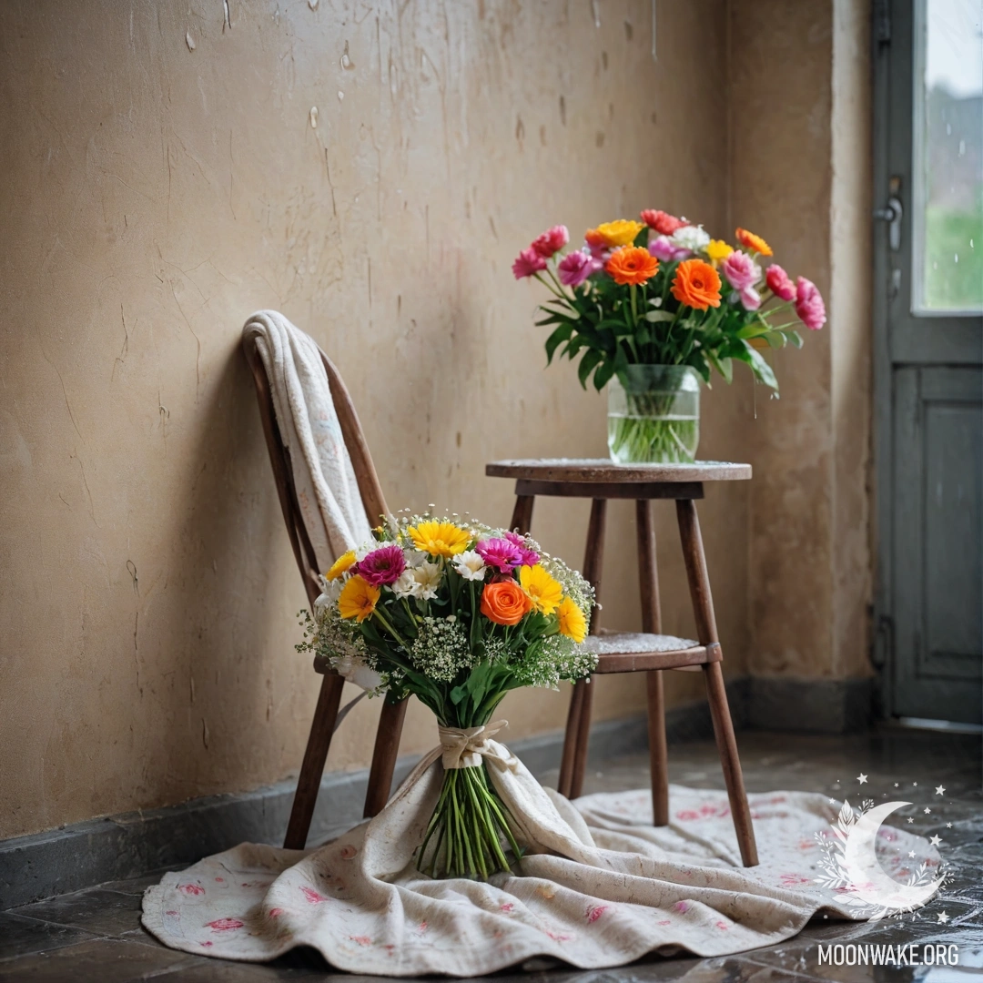 Rainy Day Calm A peaceful scene featuring a chair with a blanket and a bouquet of flowers on it, set against a shabby wall during rain.