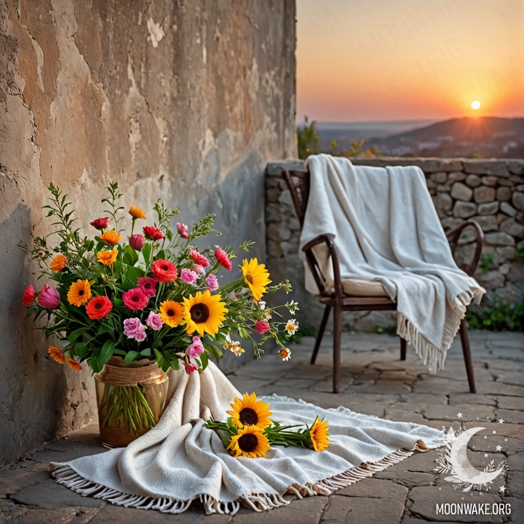 A chair against a shabby wall with a blanket and a bouquet of flowers on it during sunset.
