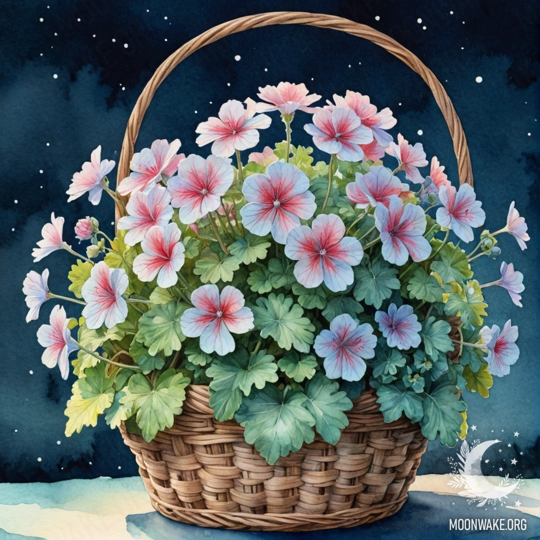 A calm aquamarine geranium in a basket against a night backdrop.